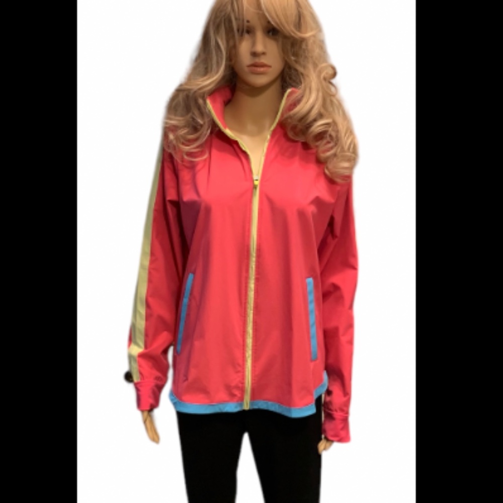 LANDSEND Women’s Woven Zip Swim Cover Up Jacket  HOT PINK/TURQUOISE/LIME